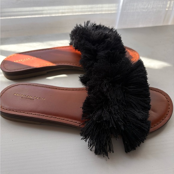 American Eagle Outfitters Black Pom Pom Slide Sandals with Brown Footbed - Picture 2 of 5